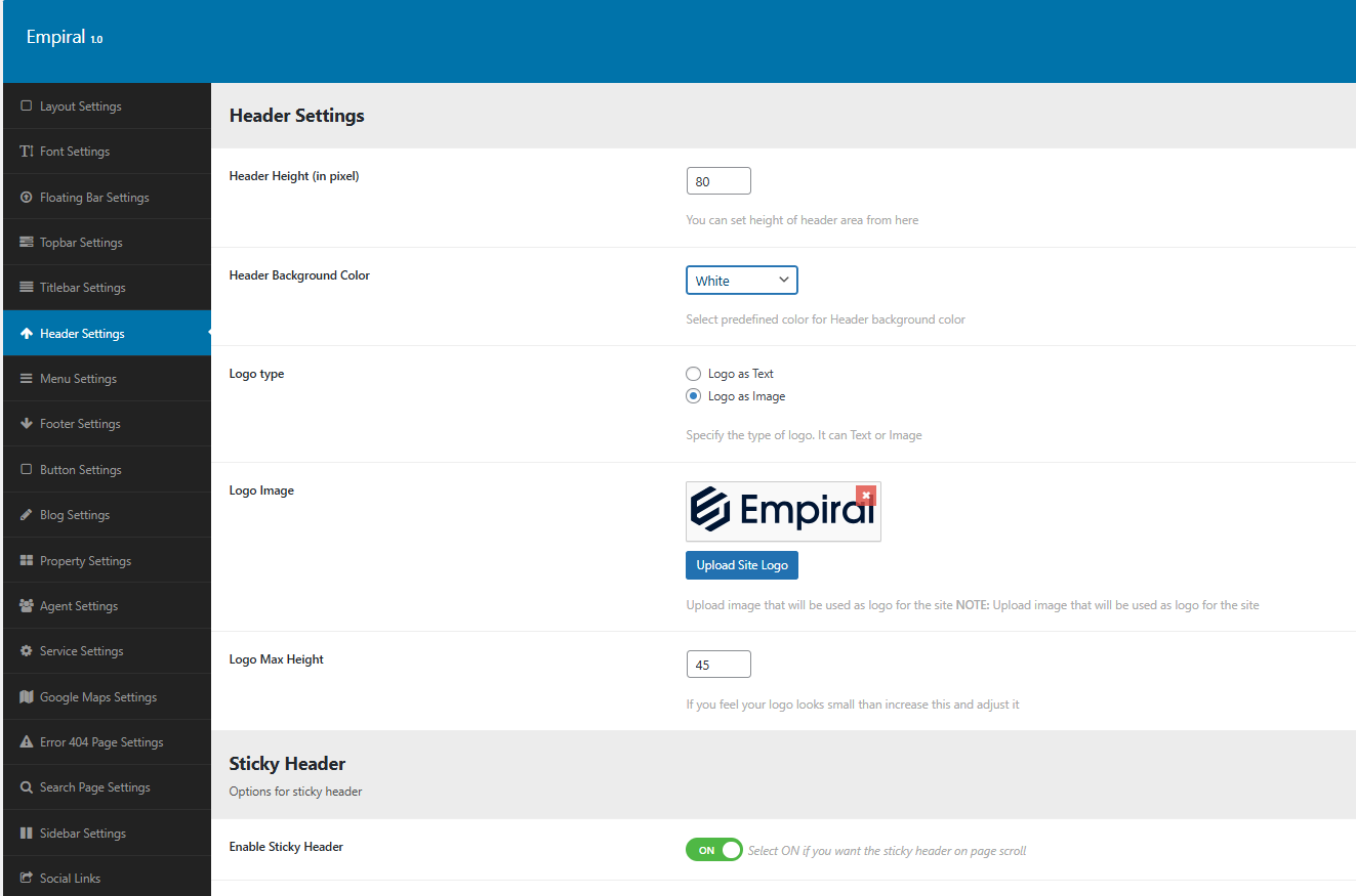 Header settings panel